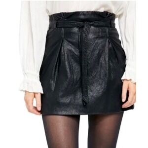 Free‎ People Faux Leather Skirt Paperbag Waist Tie Belt Black Skirt Size 8 (G)
